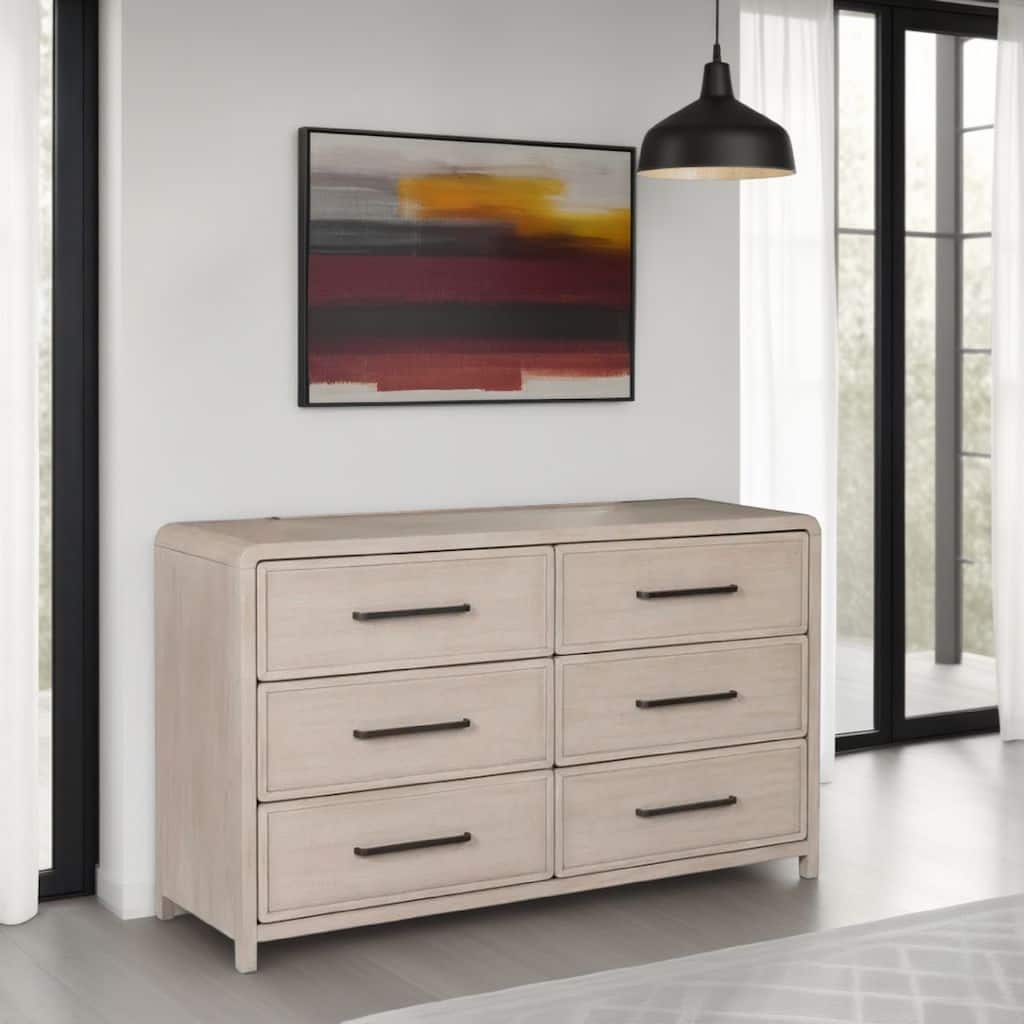 Giva Wide Dresser, 6 Drawers, Natural Oak Beige, Solid Rubberwood
