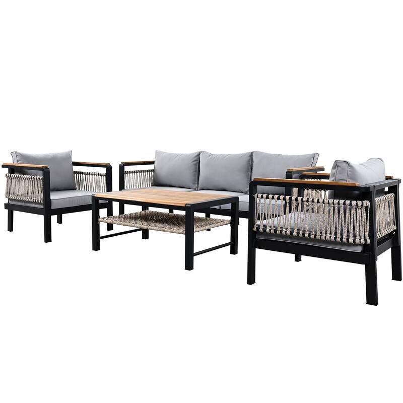 4 Piece Outdoor Woven Rope Furniture Set, Patio Sectional Sofa Set with Removable Waterproof Cushions and Coffee Table