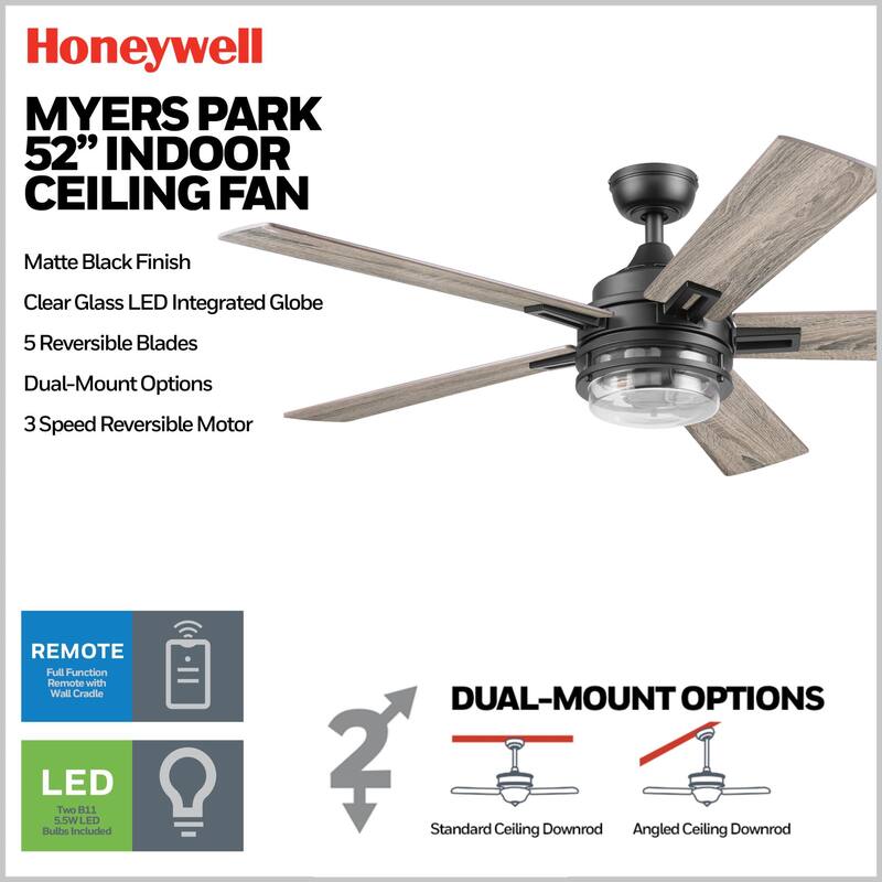 52" Honeywell Myers Park Contemporary Indoor LED Ceiling Fan with Light, Remote Control, Dual Finish Blades