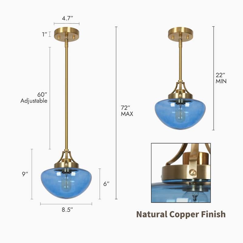 Modern Contemporary 1-Light Gold Kitchen Island Blue Schoolhouse Glass Pendant Lights for Dining Room - 8.5" Dia x 9" H