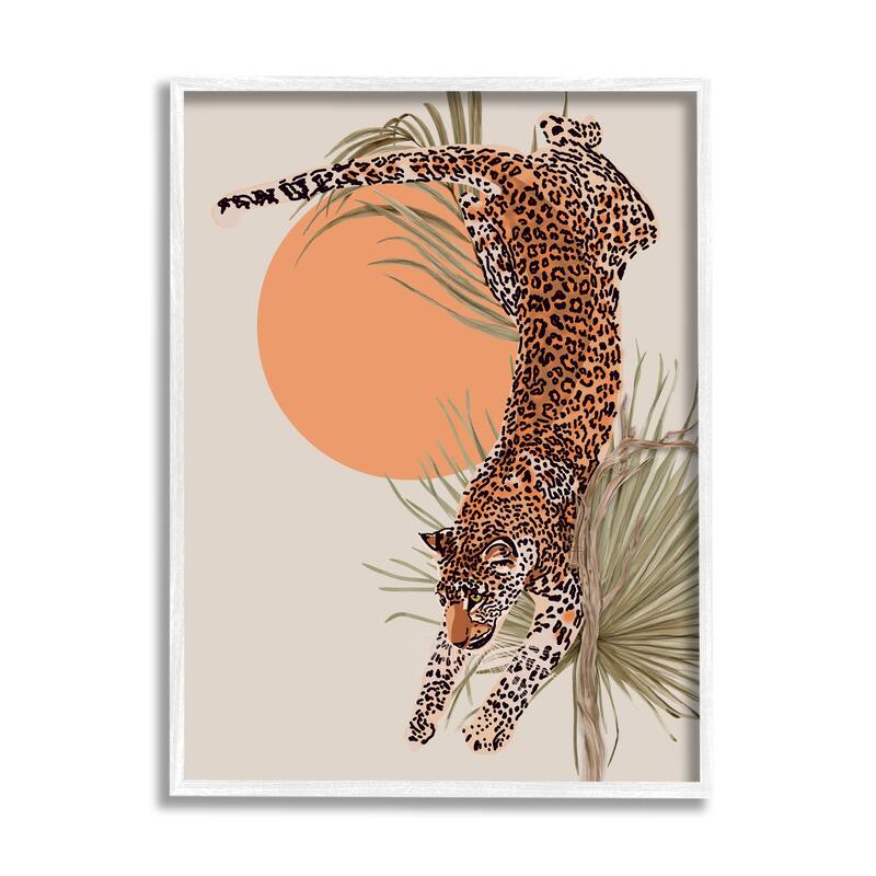 Stupell Jungle Cat Leopard Pounce Orange Sun Palm Leaf Framed Wall Art