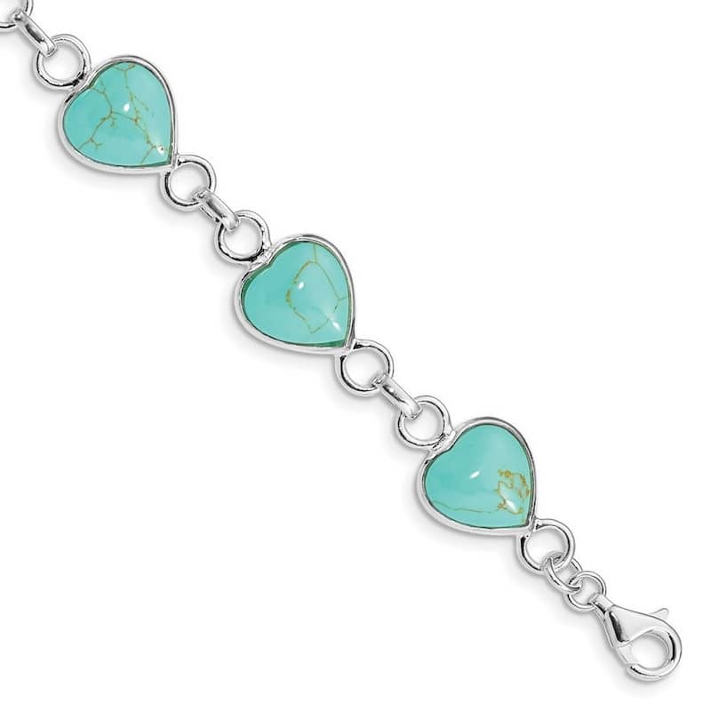 Curata 925 Sterling Silver Polished Open back Fancy Lobster Closure Love Heart shaped Created Simulated Turquoise Bracelet 7