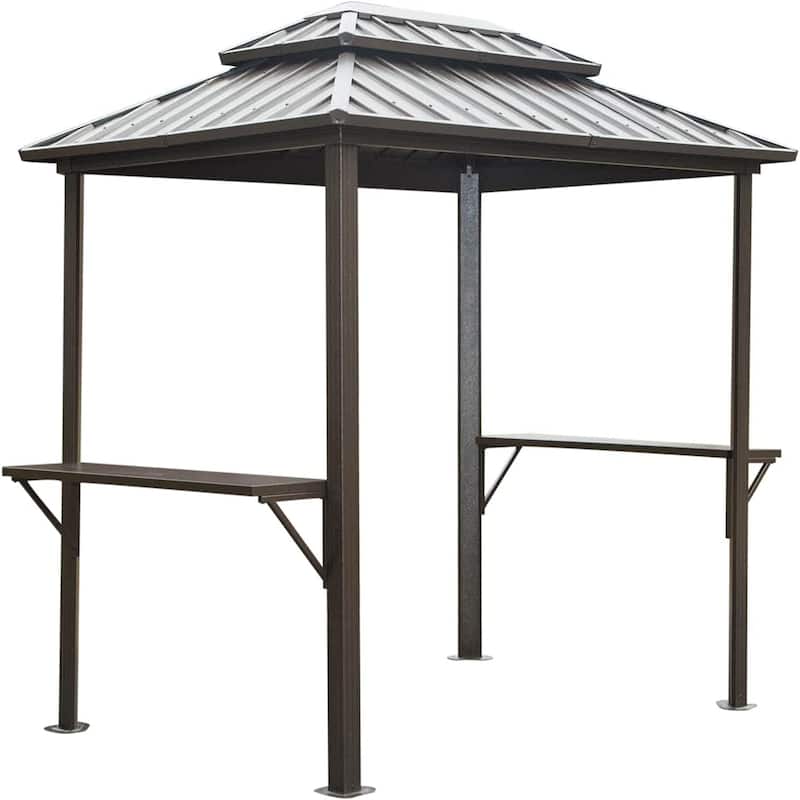 8 × 6 Ft BBQ Grill Gazebo Aluminum Frame Double Roof with Shelves Serving Tables - Grey