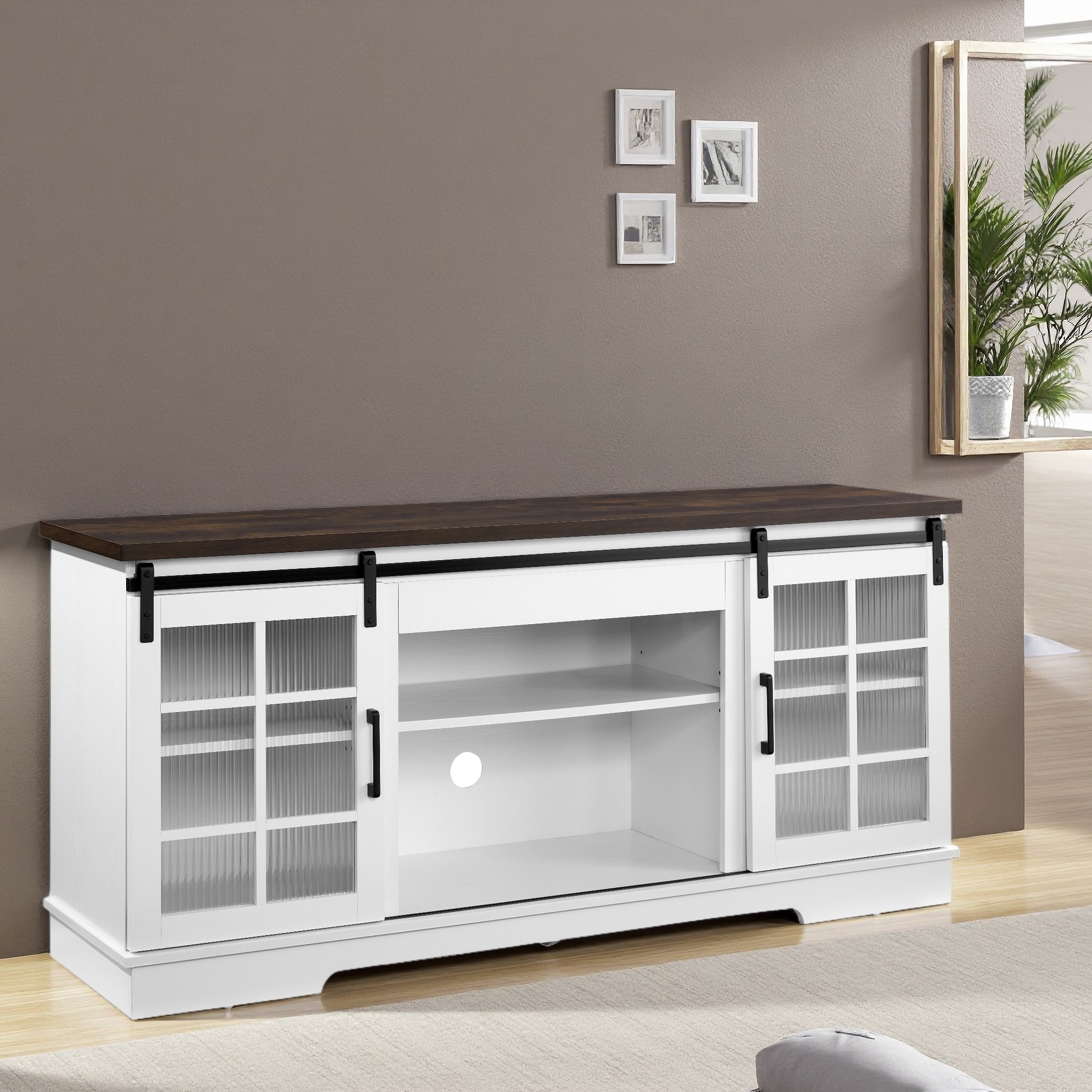 59" TV Stand for TVs up to 65", Sliding Glass Door Media Console with Adjustable Shelves, Large Storage Cabinet and TV Desk Rack