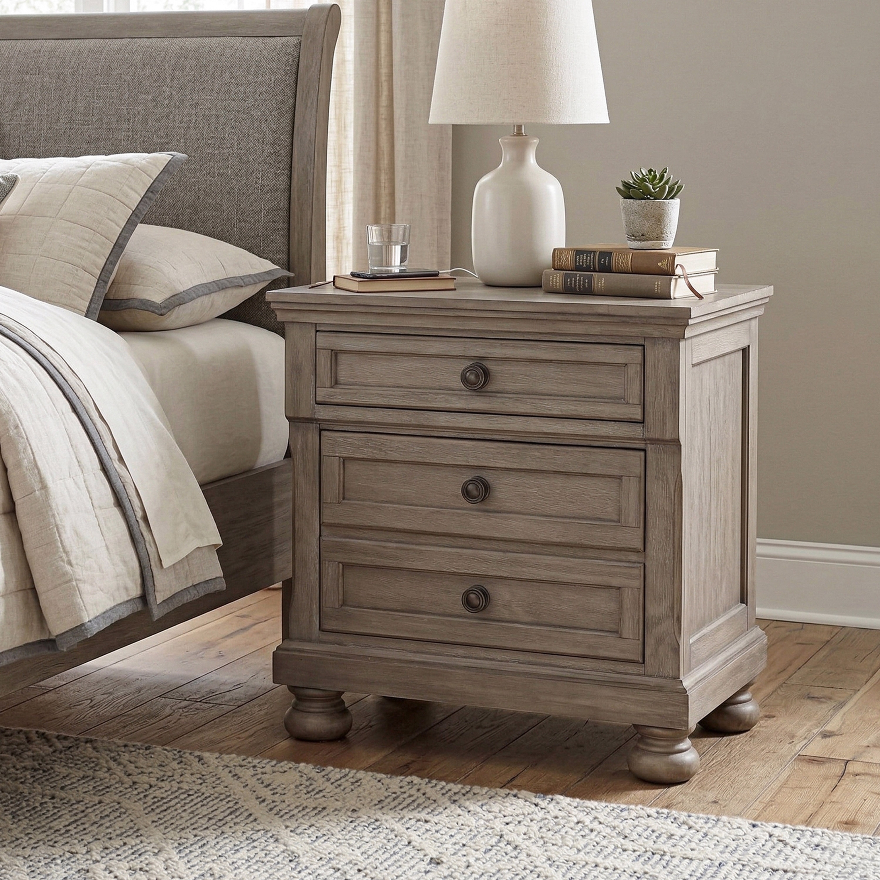 Carbon Loft Nahkohe Transitional Grey Solid Wood 2-Drawer Nightstand
