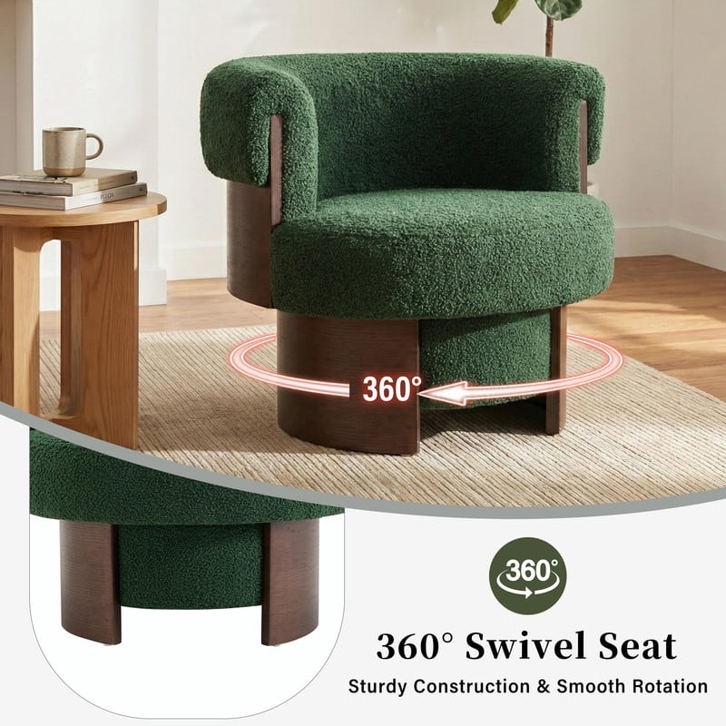 Modern 32'' Curved Sculptural Swivel Barrel Chair, 360° Swivel Base, Upholstered Accent Chair