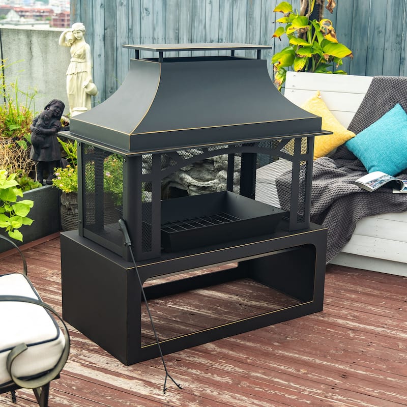 GDFStudio - Thorne Steel Outdoor Wood-Burning Fireplace Chimney for Garden and Patio Gatherings