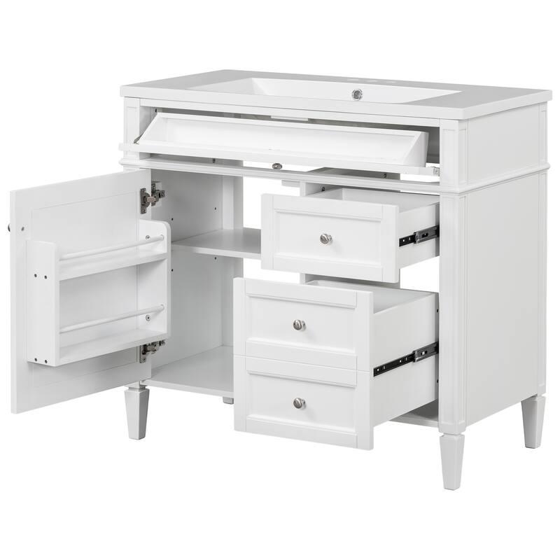 Freestanding Bathroom Vanity & Wall Mounted Mirror Cabinet Set with Resin Sink, Open Shelves, Drawers and Adjustable Shelves