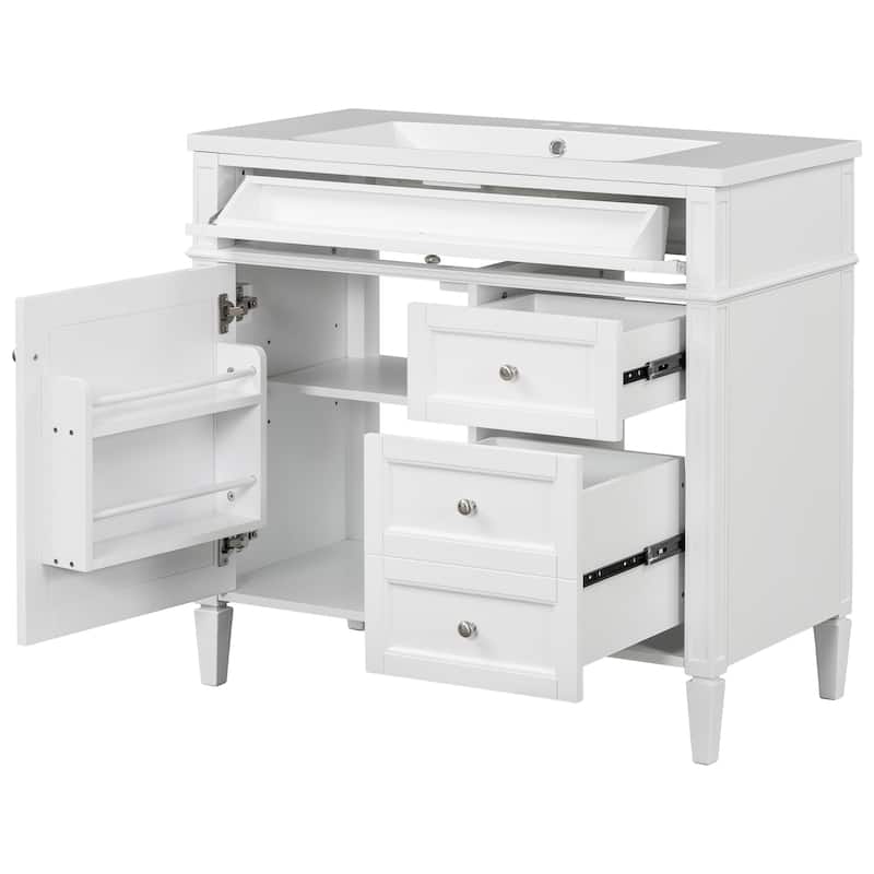 Modern Storage Cabinet Bathroom Vanity with Resin Sink, Tip-out Drawer, 2 Drawers, Side Door Organizer and Adjustable Shelf