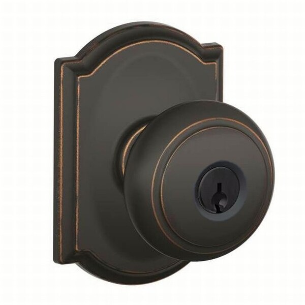 Schlage F51-AND-CAM Andover Keyed Entry Panic Proof Door Knob Set with Decorative Camelot Trim - Aged Bronze