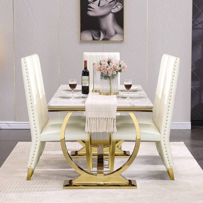 Brushed Gold Dining Table with 78 inch Glass Top and Tapered Barrel Base