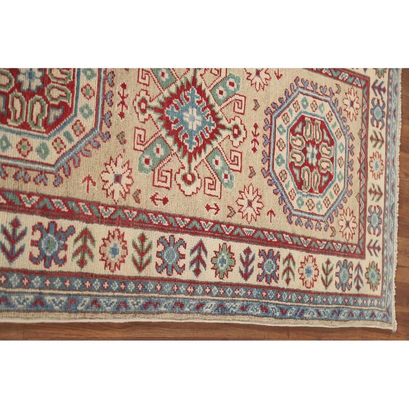 Hand Knotted Oriental 100% Wool Carpet Traditional Geometric Beige & Ivories Kazak Runner Rug - 12' 8'' X 2' 10''