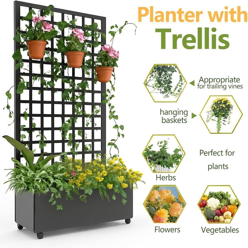 47x15.7x72Inch Large Galvanized Steel Raised Garden Bed with Trellis and Wheels Planter Box