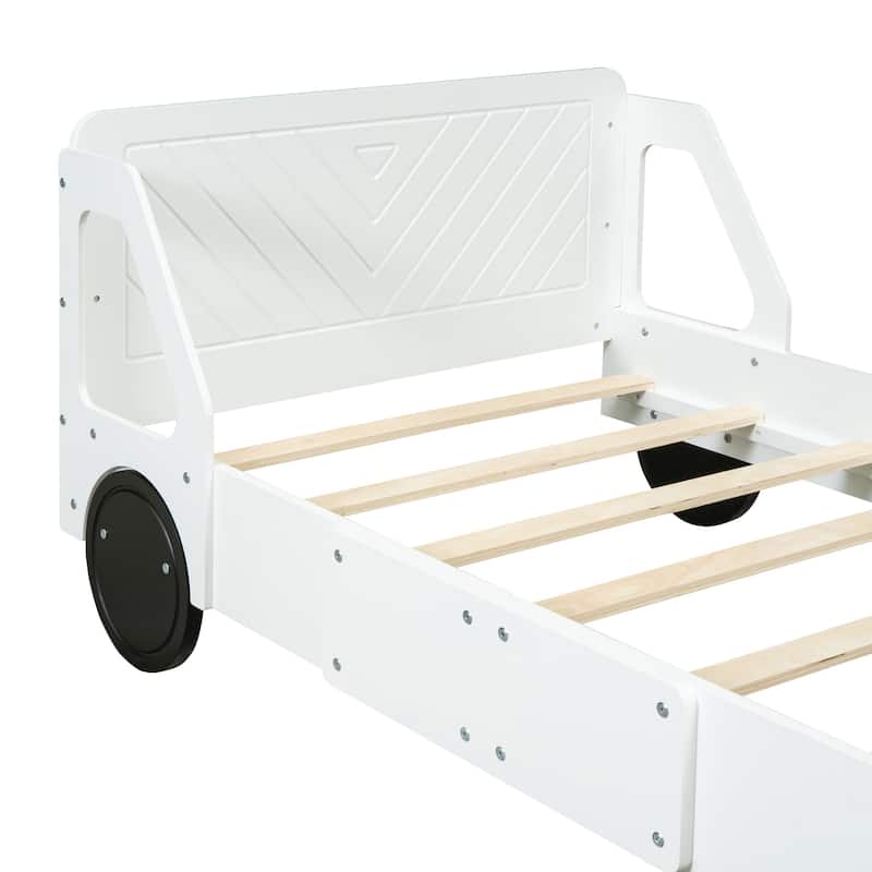 Twin Size White Wood Car-shaped Low Platform Bed