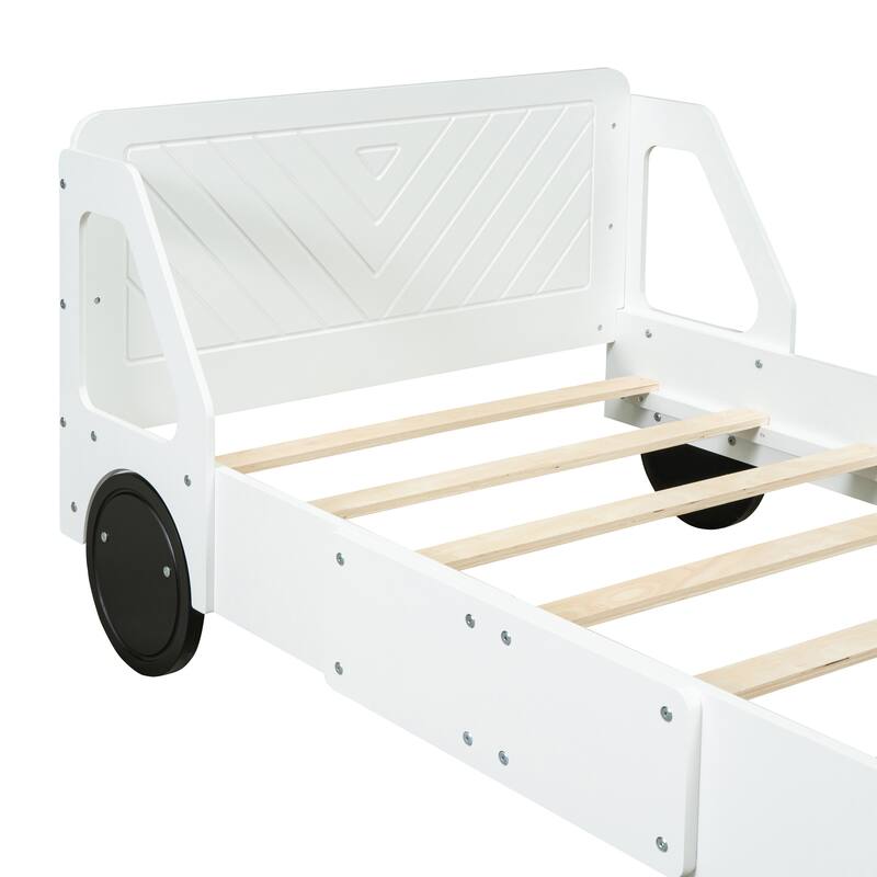 Twin Wooden Car-Shaped Platform Bed with Wheel Support