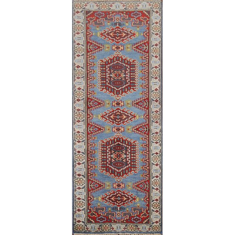 Light Blue Geometric Viss Oriental Runner Rug Hand-Knotted Wool Carpet - 2'6"x 7'9"