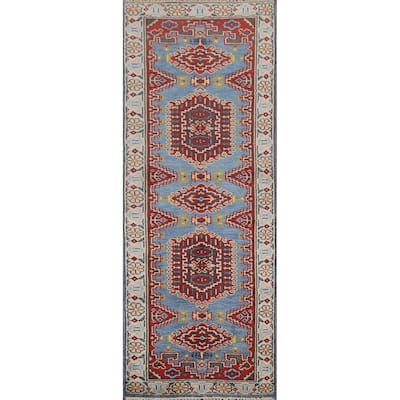 Light Blue Geometric Viss Oriental Runner Rug Hand-Knotted Wool Carpet - 2'6"x 7'9"