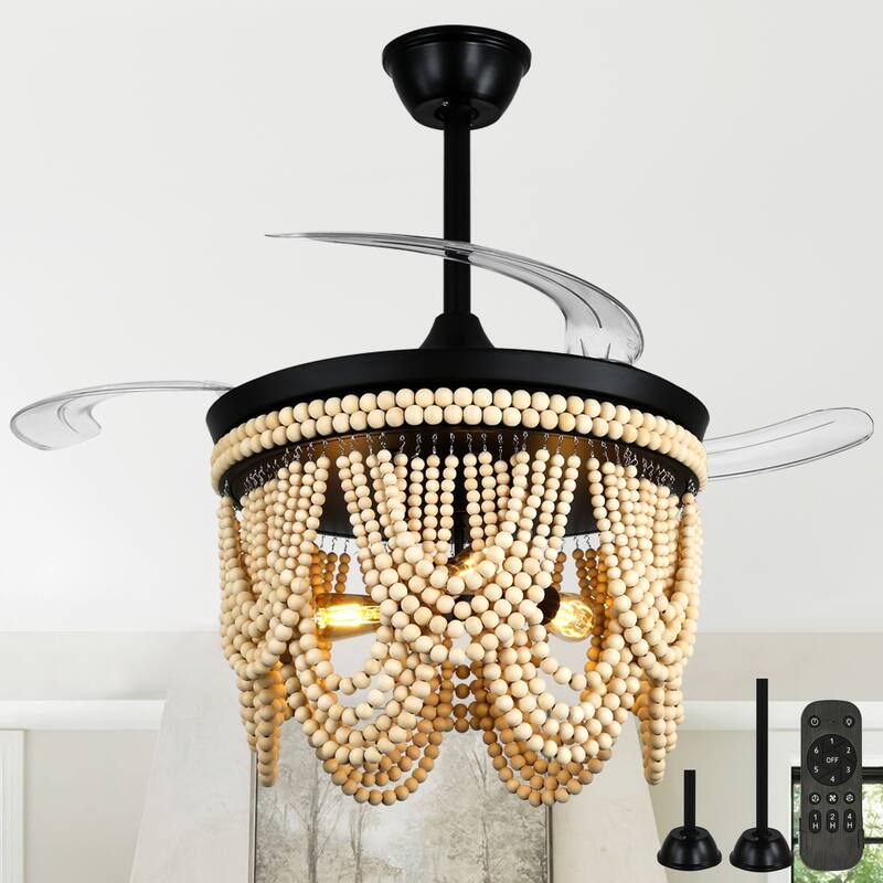 Cusp Barn 42 Inch Boho Retractable Ceiling Fan with Remote, Coastal 6 Speeds Fandelier, Farmhouse Caged Wood Beaded Ceiling Fan - Black