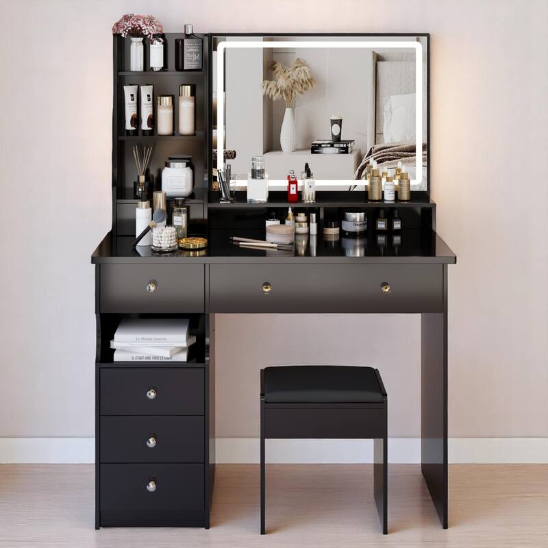 KISRAIS 41" Large Size Fashion Vanity Desk with Mirror and Lights, 3 Color Lighting Brightness Adjustable - Black