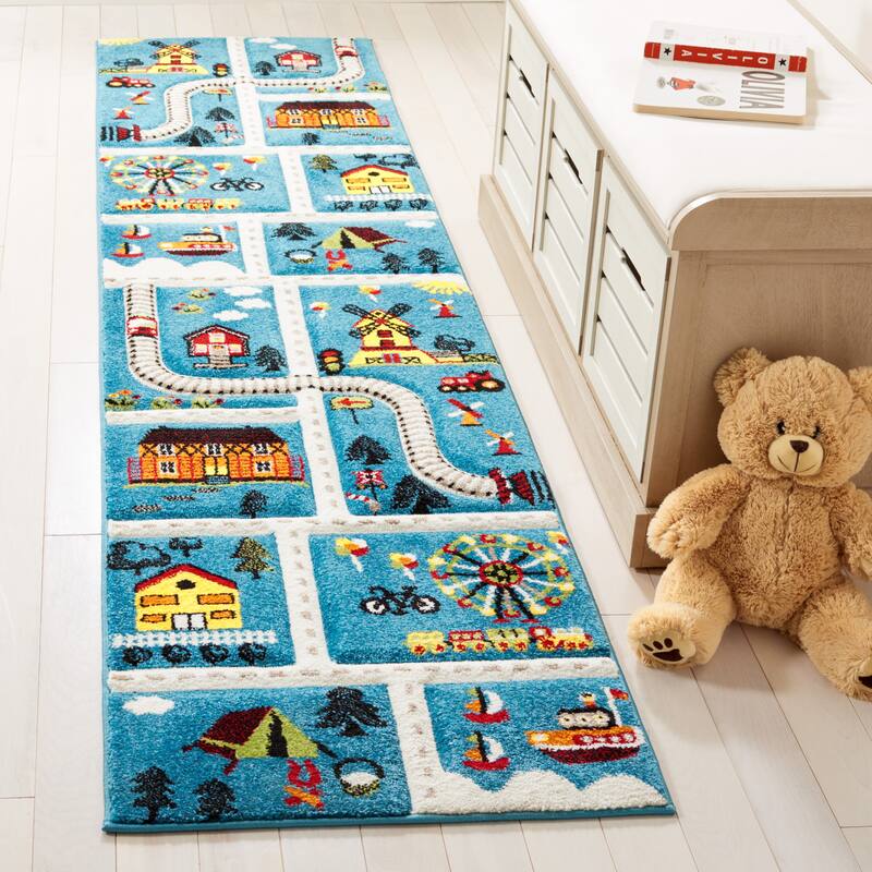 SAFAVIEH Carousel Kids Helmgard Transitional Rug - 2' x 8' Runner - Blue/Beige - Runner