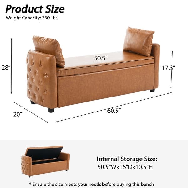 dimension image slide 2 of 5, Storage Bench for Bedroom, 60" End of Bed Bench for King Size Bed Modern Upholstered Long Bench with Tufted Arm