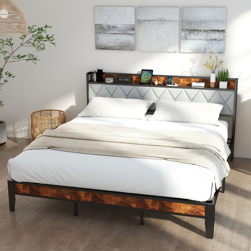 King Size Bed Frame with Charging Station and Storage Shelf, Metal Platform Bed with Headboard, No Box Spring Needed