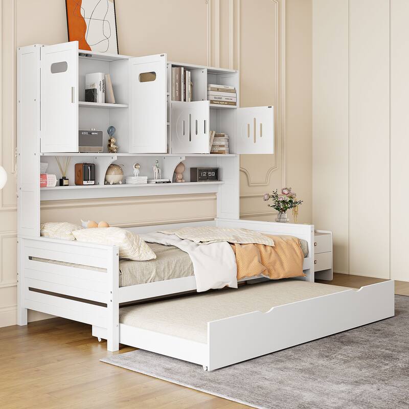 Full Size Wood Daybed with Built-in Storage Cabinet, Open Shelves & Twin Trundle Bed, Space-Saving Multi-Functional Frame