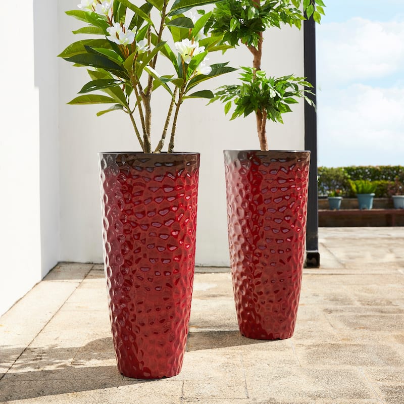 Glitzhome 31" H Oversized Tall Planter Honeycomb Textured Gradient Cobalt Blue Garden Plant Pots with Drainage Holes (Set of 2)
