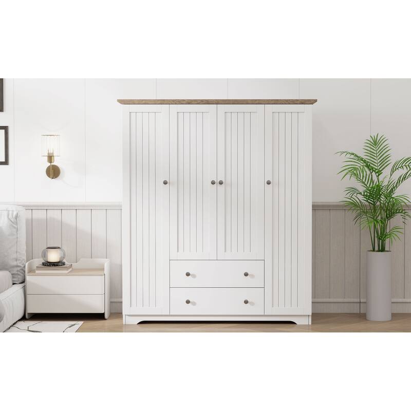 4 Door Wardrobe Armoire Closet with 2 Drawers, 60.6''L x 20.8''W x 68.5''H
