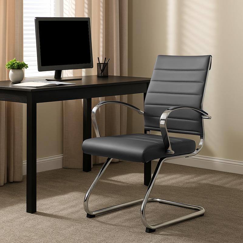 Benmar Series Mid Back Modern Leather Office Executive Desk Chair, Ergonomic Seating with Stainless Steel Sled Base