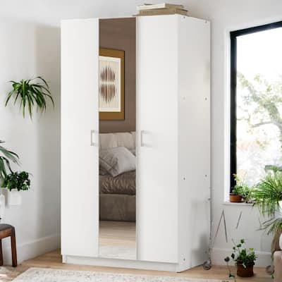 3 Door Wardrobe with Mirror, Armoire with Hanging Rod and 3 Fixed Shelves, White, 300 lbs Total Weight Capacity