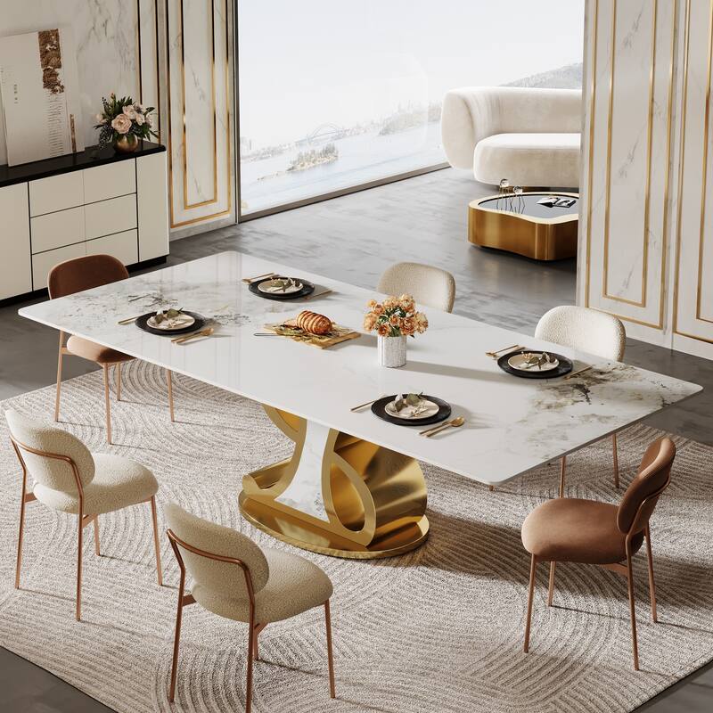 78.74" Luxury Rectangle Sintered Stone Dining Table with Stainless Steel Base