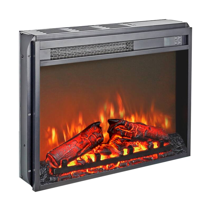 23" Black Ultra-thin Timing Electric Fireplace Insert with Log set, Overheating protection