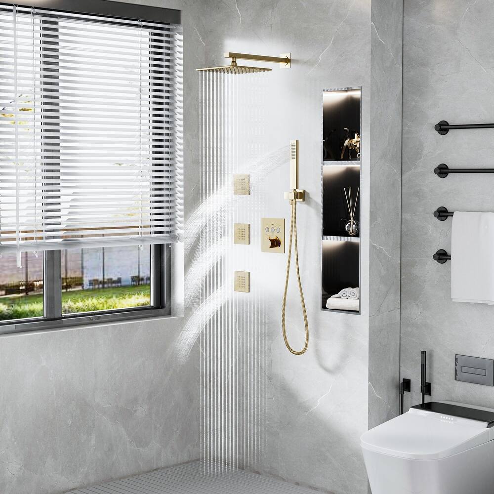 Modland Square Thermostatic Shower System - 3 Jets, WRAS Valve, Wall mounted, Matte Black/Gold/Nickel