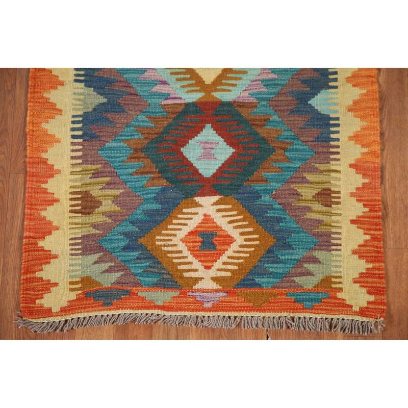 Hand Woven Oriental 100% Wool Carpet Southwestern Geometric Multi-Colored Kilim Runner Rug - 12' 6'' X 2' 7''