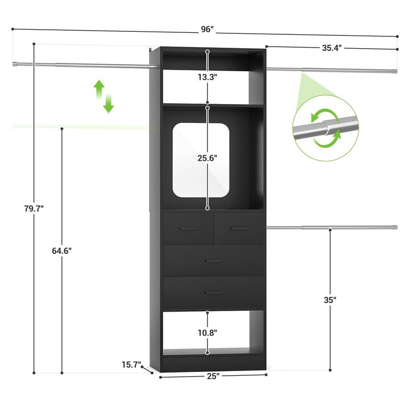 48"-96" W Wooden Closet System with 4 Wooden Drawers and Mirror, Walk-in Closet Organizer with 4 Adjustable Hanging Rods