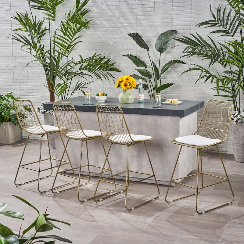 Niez Outdoor Wire Counter Stools (Set of 4) by Christopher Knight Home - N/A - Light Brass Finish + Ivory Cushion