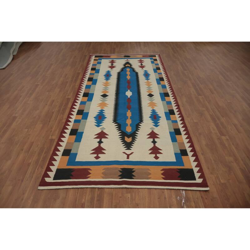Hand Woven Oriental 100% Wool Carpet Southwestern Tribal Beige & Ivories Kilim Area Rug - 12' 3'' X 5' 5''