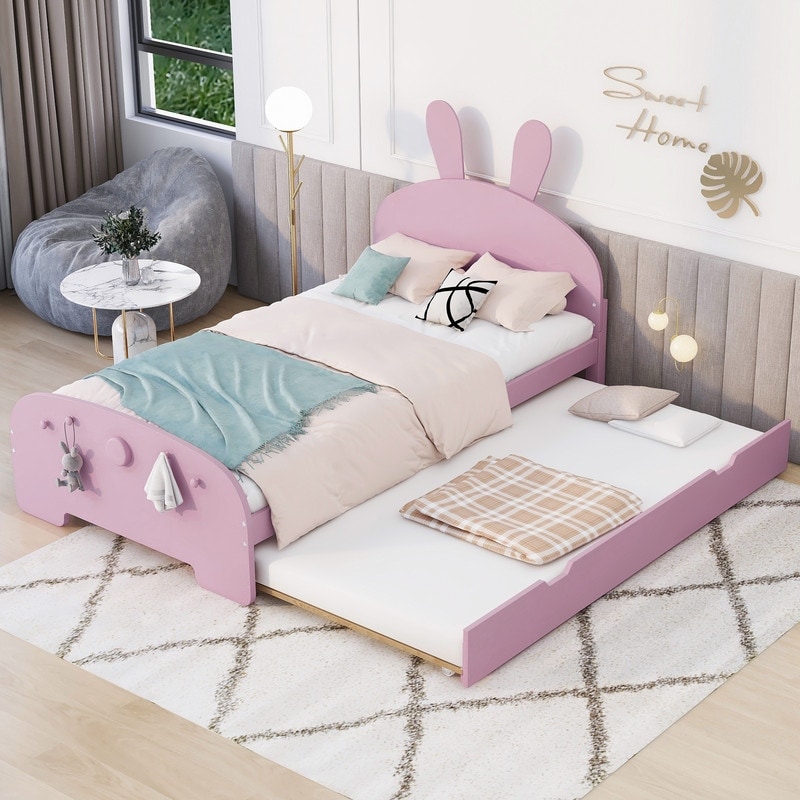 Twin Size Wood Platform Bed with Cartoon Ears Shaped Headboard and Trundle Solid Wood Bed Frame for Kids Boys Girls Bed Bath Beyond 39092993