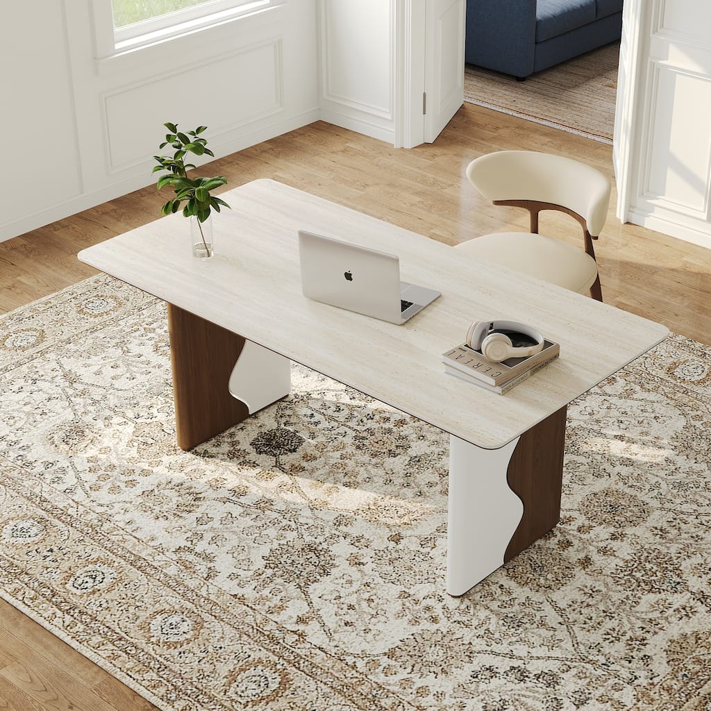 63" Modern Rectangular Writing Desk, Beige Sintered Stone Top, Meeting Desk With Solid Wood Legs