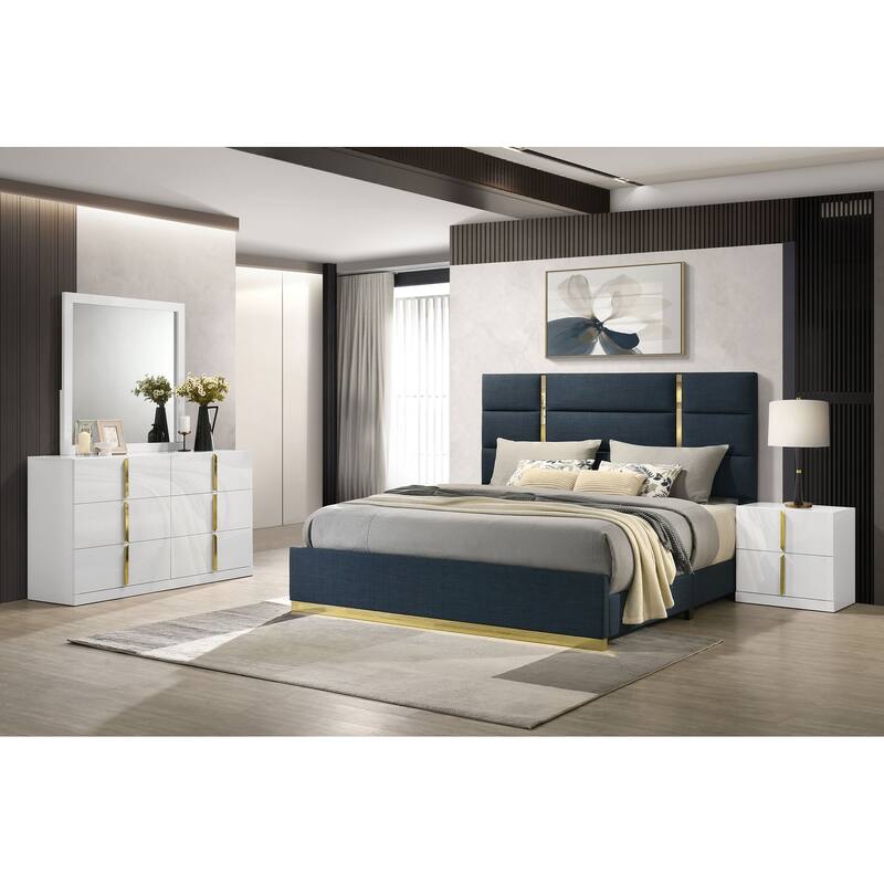 Ines Bedroom Set Navy and White High Gloss - Queen - 4 Piece