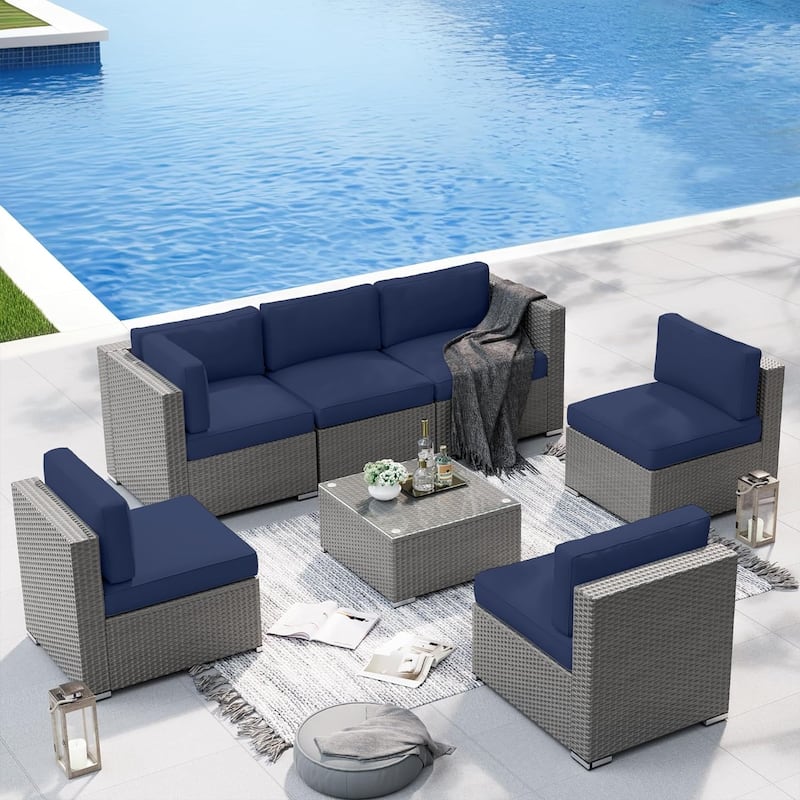 7-piece Outdoor Patio Grey Wicker Rattan Cushioned Sectional Sofa Conversation Set