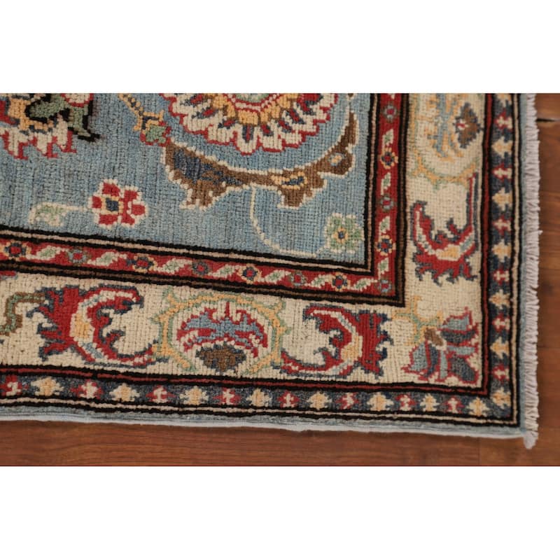 Light Blue Kazak Oriental Runner Rug Hallway Handmade Wool Carpet - 2'1" x 5'7"