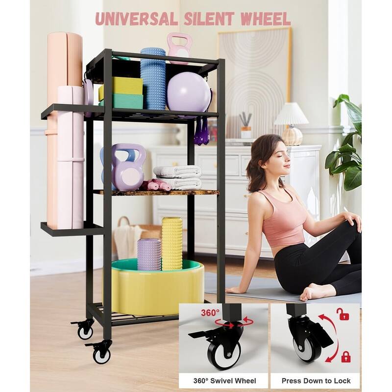 Yoga Mat Storage Rack with Wheels, 3 Tier