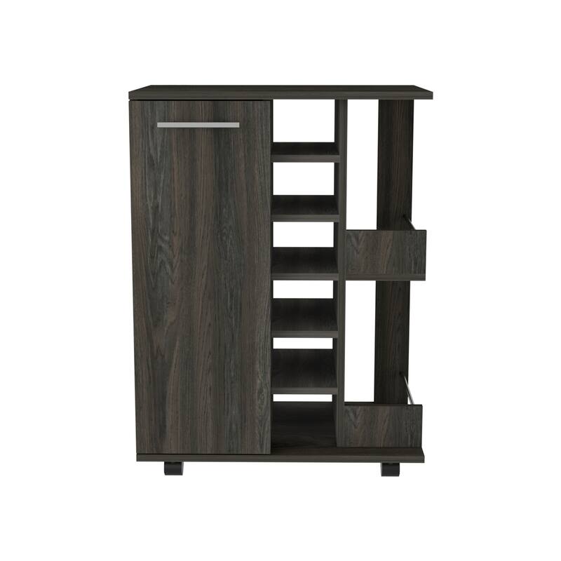 Bar Cart, Four Casters, Six Wine Cubbies, Single Door Cabinet
