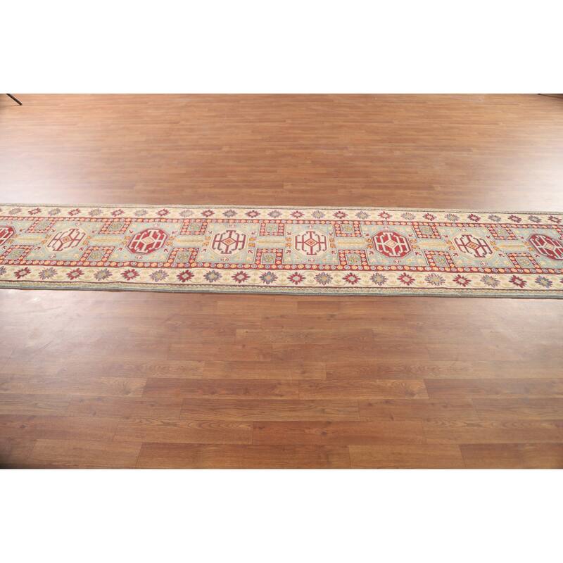 Geometric Kazak Runner Rug Hand-Knotted Wool Carpet - 2'8" x 13'6"