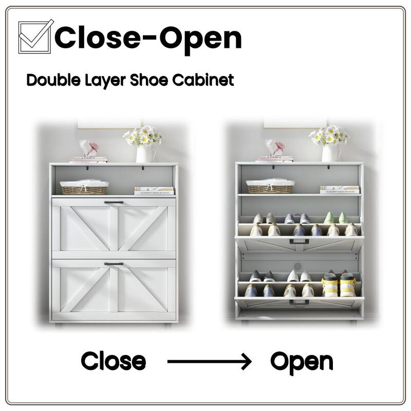 Slim Freestanding Shoe Organizer Cabinet with Barn Door Design, Adjustable Shelves and Top Shelf Storage for Entryway, Foyer