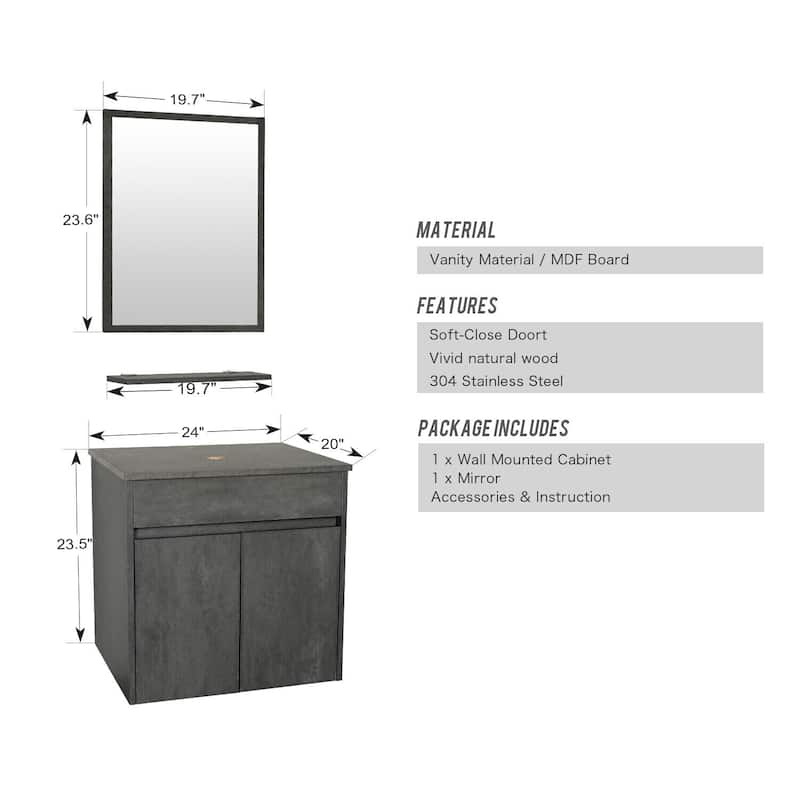 24" Wall Mounted Bathroom Vanity Set W/ Tempered Glass/ Ceramics Sink Combo