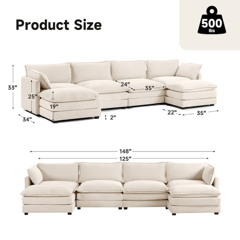 Oversized Modular Corduroy Sectional Sofa Set with Ottoman, 3-Seater / 4-Seater Deep Seat Lounge Couch for Living Room
