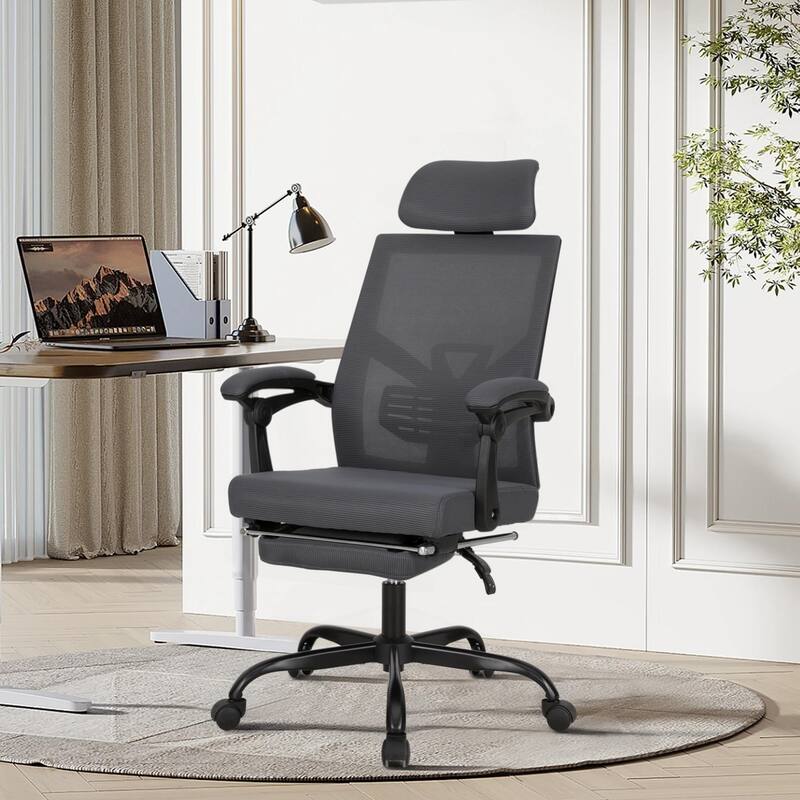 Ergonomic Mesh Office Chair with Adjustable Lumbar Support & Footrest - Grey